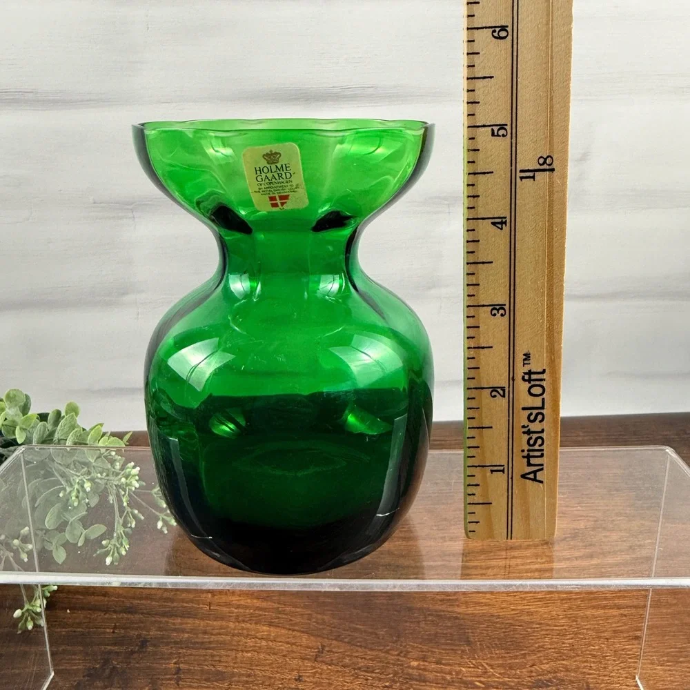Holmegaard Denmark Emerald Green Art Glass Vase w/ Original Label Vintage